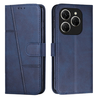 Blue leather phone case with buckle and stitched texture; front flap and multi-camera cutout