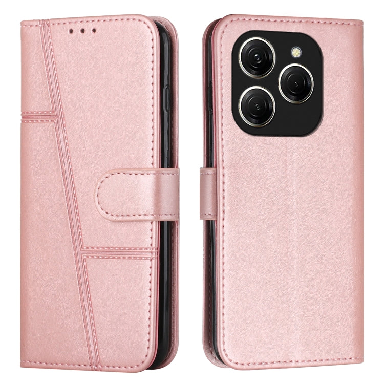 Pink leather phone case with buckle and stitched texture; front flap and multi-camera cutout
