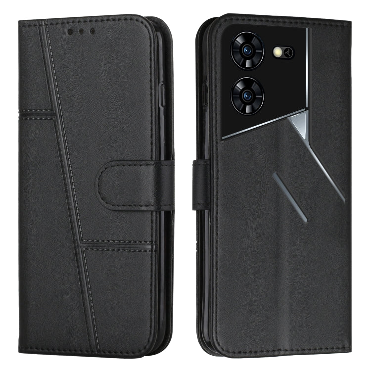 Black leather phone case with buckle, stitched folio and camera cutouts