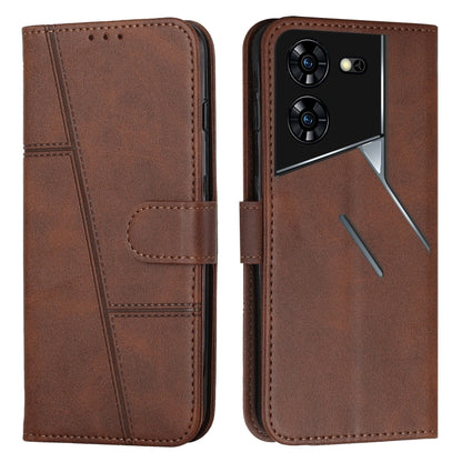 Brown leather phone case with buckle, stitched folio and camera cutouts