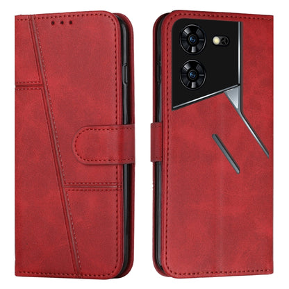 Red leather phone case with buckle, stitched folio and camera cutouts