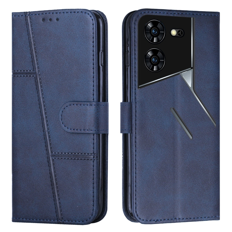 Blue leather phone case with buckle, stitched folio and camera cutouts