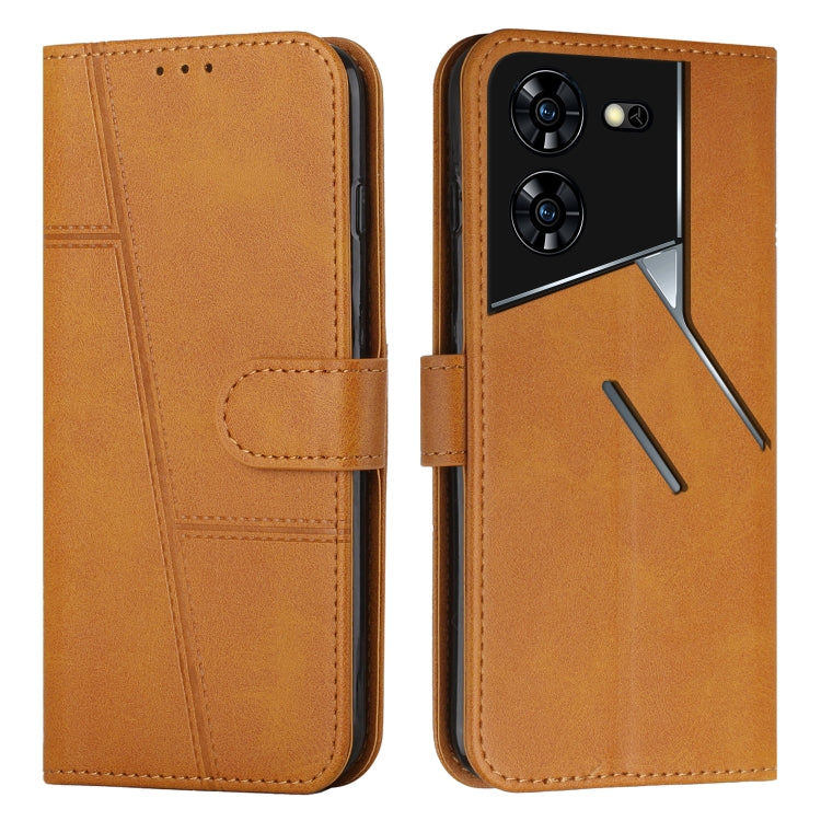 Yellow leather phone case with buckle, stitched folio and camera cutouts