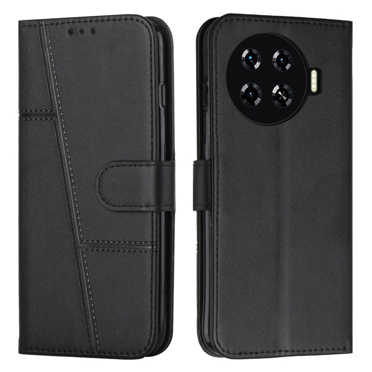 Black leather phone case with buckle and folio cover, stitched texture and cutouts