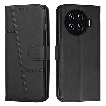 Black leather phone case with buckle and folio cover, stitched texture and cutouts