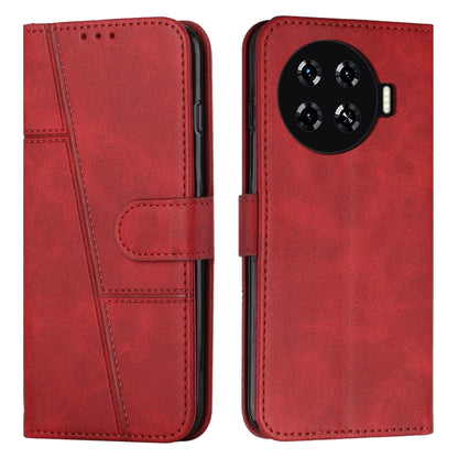 Red leather phone case with buckle and stitched panel design, folio-style cover