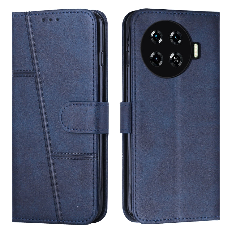 Blue leather phone case with buckle and folio cover, stitched texture and cutouts