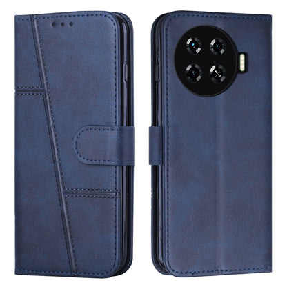Blue leather phone case with buckle and folio cover, stitched texture and cutouts