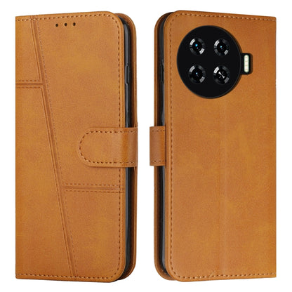 Tan leather phone case with buckle and stitched panel design, folio-style cover