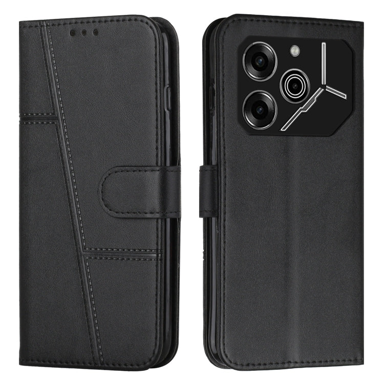 Black leather phone case with stitched texture and buckle closure, camera cutout