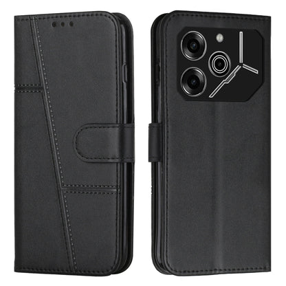 Black leather phone case with stitched texture and buckle closure, camera cutout