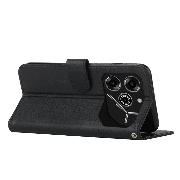 Black leather phone case with kickstand and stitched texture, foldover cover for phone