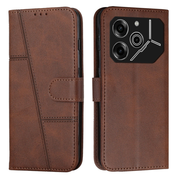 Brown leather phone case with stitched texture and buckle closure, camera cutout