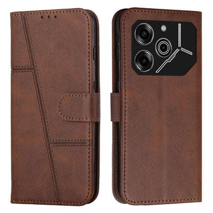 Brown leather phone case with stitched texture and buckle closure, camera cutout
