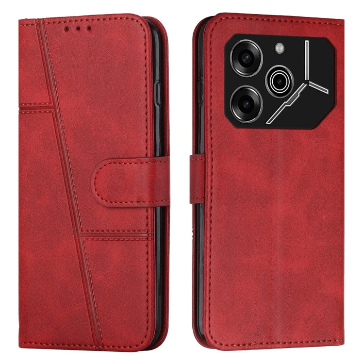 Red leather phone case with stitched texture and buckle closure, camera cutout
