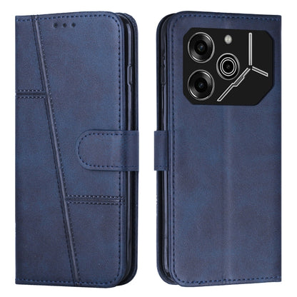 Blue leather phone case with stitched texture and buckle closure, camera cutout