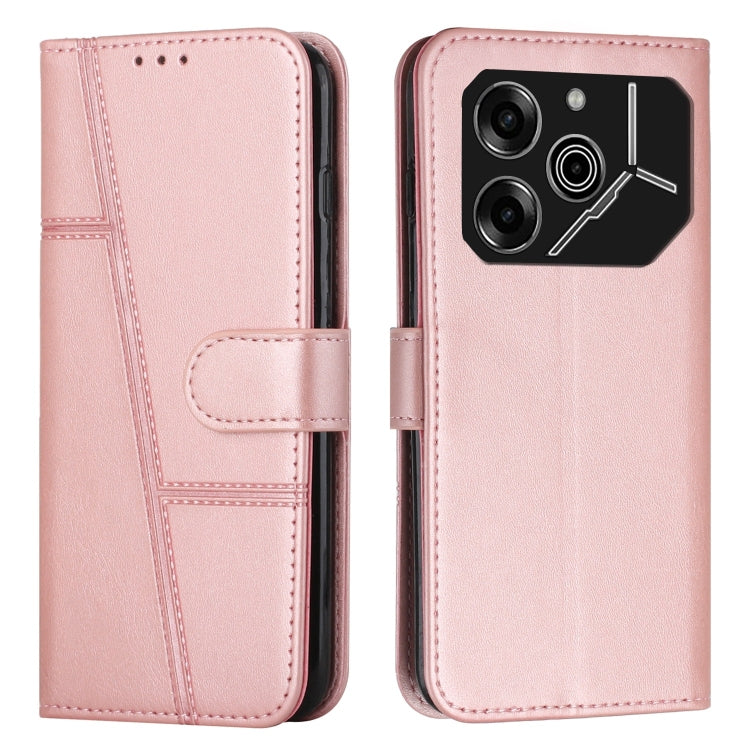 Pink leather phone case with buckle and stitched panel design, folio-style cover