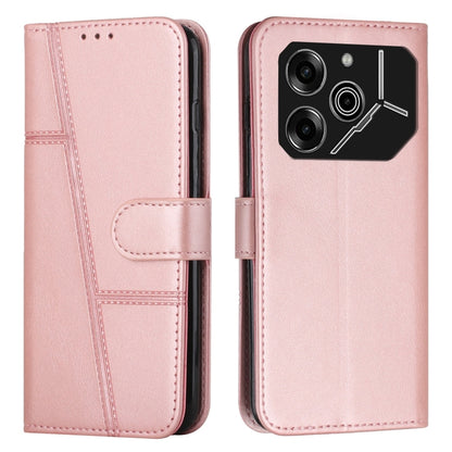 Pink leather phone case with buckle and stitched panel design, folio-style cover