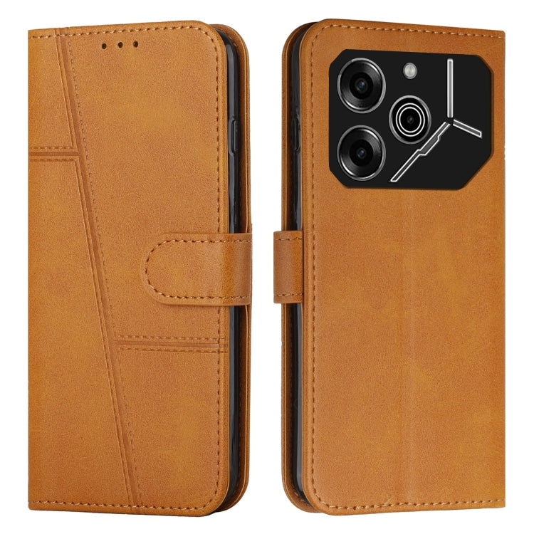 Brown leather phone case with buckle and stitched panel design, folio-style cover