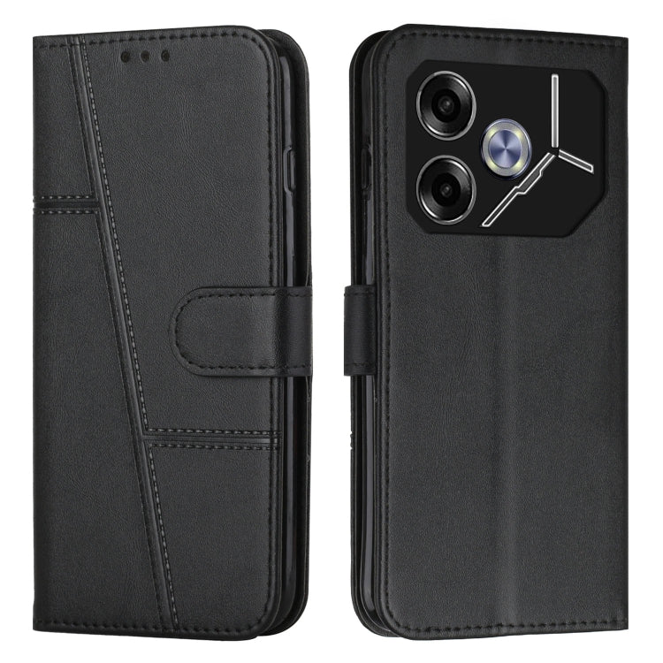 Black leather phone case with stitching and flip cover; card pocket and camera cutout.
