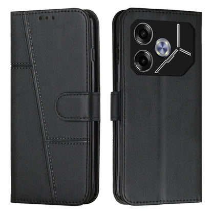 Black leather phone case with stitching and flip cover; card pocket and camera cutout.