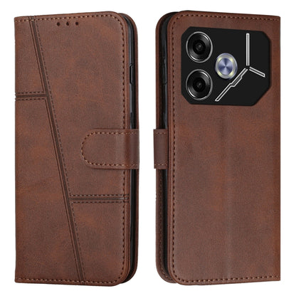 Brown leather phone case with stitching and flip cover; card pocket and camera cutout.