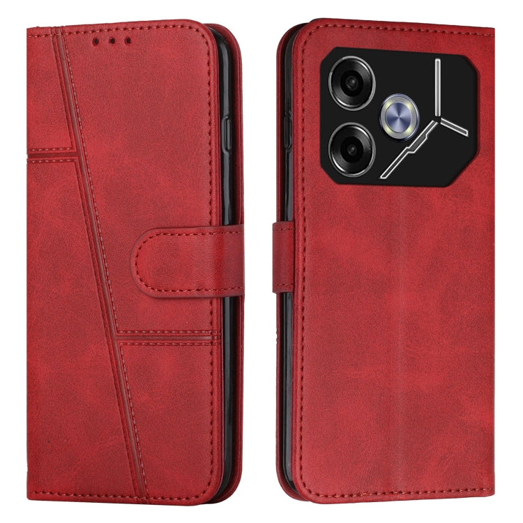 Red leather phone case with stitching and flip cover; card pocket and camera cutout.