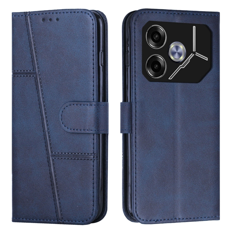 Blue leather phone case with buckle strap, stitching panel, and folio stand cover