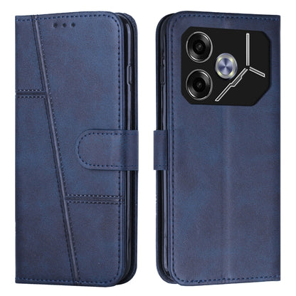 Blue leather phone case with buckle strap, stitching panel, and folio stand cover