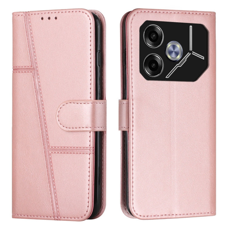 Pink leather phone case with buckle strap, stitched panel, and folio cover with cutouts