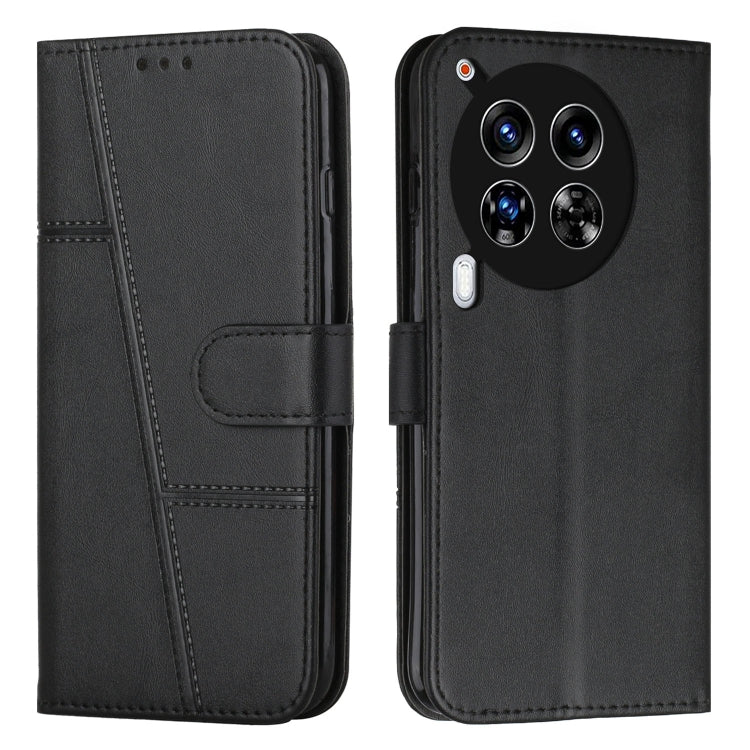 Black leather phone case with stitching and flip cover; card pocket and buckle strap.