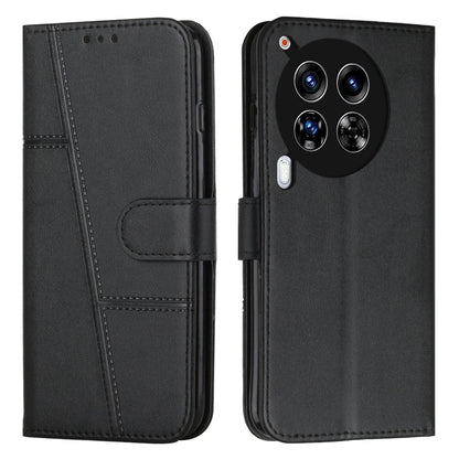 Black leather phone case with stitching and flip cover; card pocket and buckle strap.