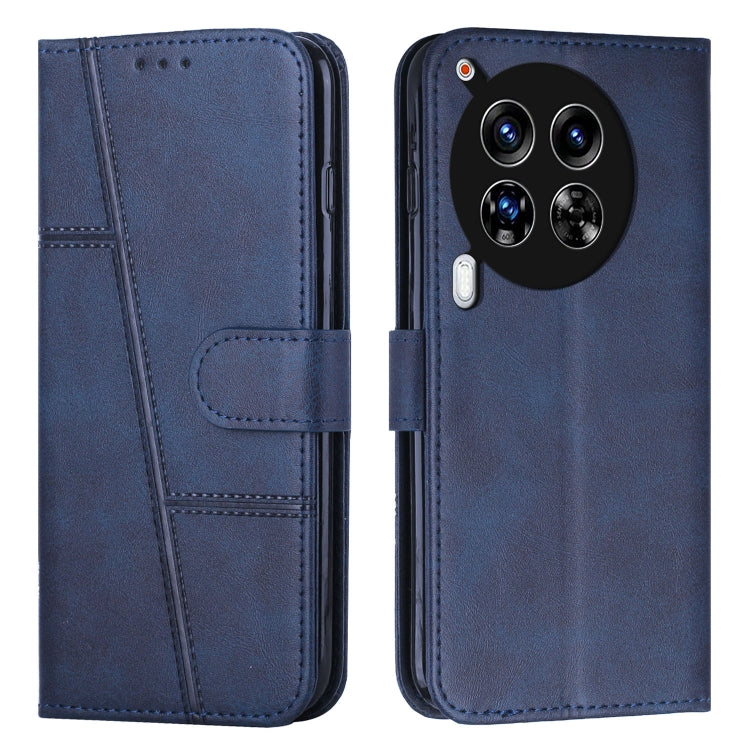 Blue leather phone case with stitching and flip cover; card pocket and buckle strap.