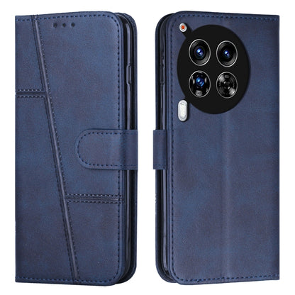Blue leather phone case with stitching and flip cover; card pocket and buckle strap.