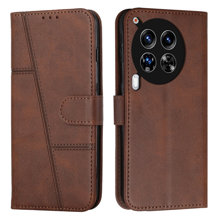 Brown leather phone case with stitched texture, fold-over strap and card pocket