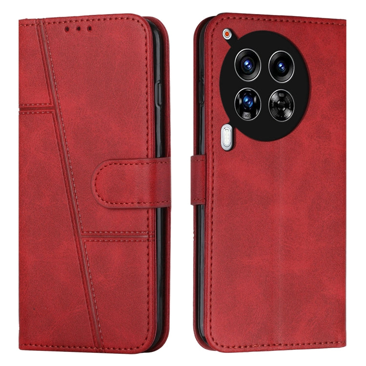 Red leather phone case with stitched texture, fold-over strap and card pocket