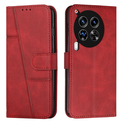 Red leather phone case with stitched texture, fold-over strap and card pocket
