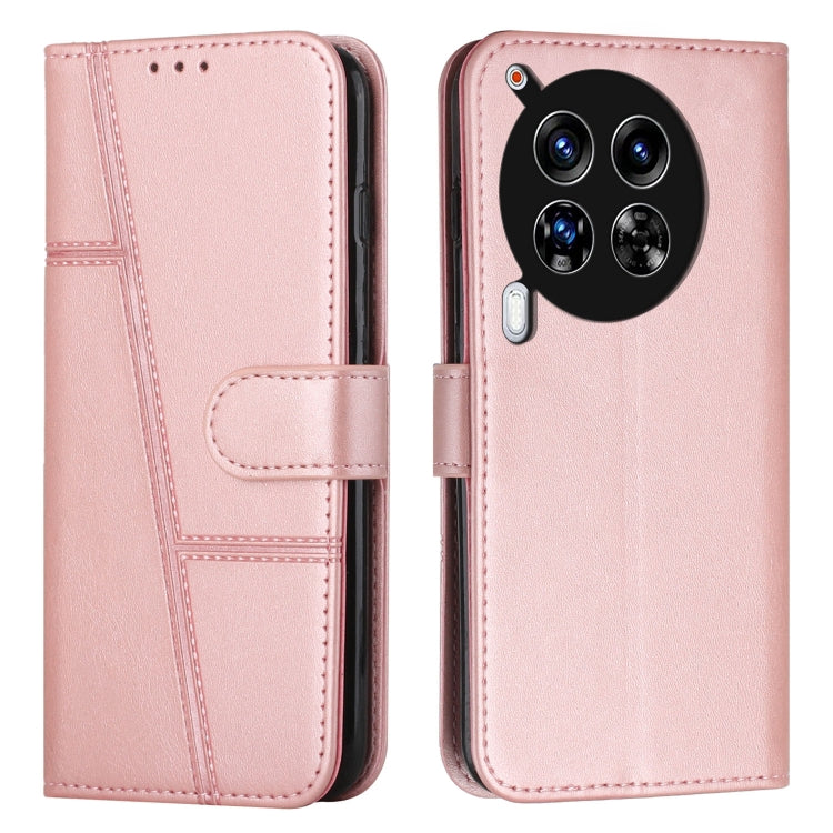 Rose pink leather phone case with stitched texture, fold-over strap and card pocket