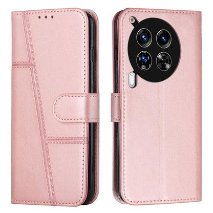 Rose pink leather phone case with stitched texture, fold-over strap and card pocket
