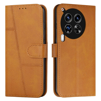Tan leather phone case with stitched texture, fold-over strap and card pocket