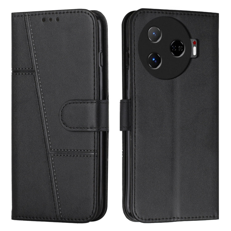 Black leather phone case with buckle strap, stitched folio panel, and camera cutout