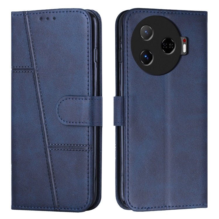 Navy blue leather phone case with buckle strap, stitched detailing, and folio cover