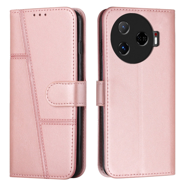 Light pink leather phone case with buckle strap, stitched panel, and folio cover cutouts