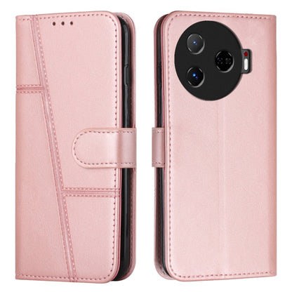 Light pink leather phone case with buckle strap, stitched panel, and folio cover cutouts
