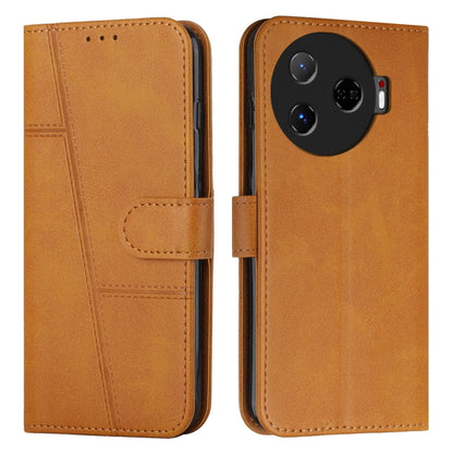Amber brown leather phone case with buckle strap, stitched accents, and folio cover