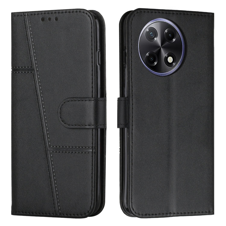 Black leather folio phone case with stitching, buckle strap, and card slot