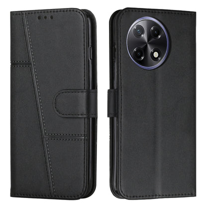 Black leather folio phone case with stitching, buckle strap, and card slot