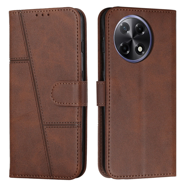 Brown leather folio phone case with stitching, buckle strap, and card slot