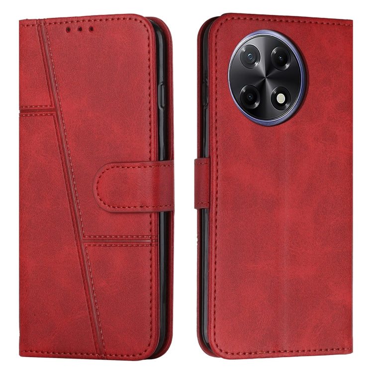 Red leather folio phone case with stitching, buckle strap, and card slot