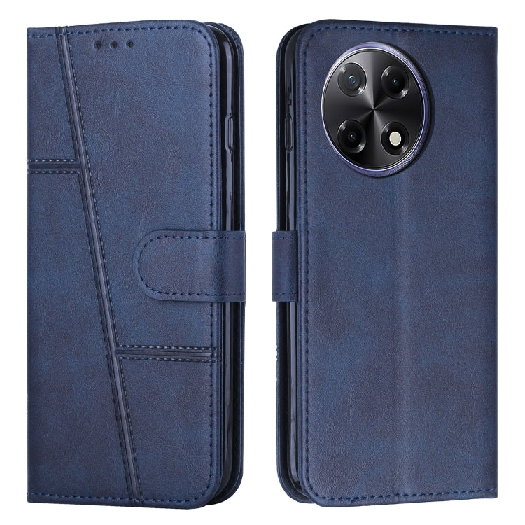 Blue leather folio phone case with stitching, buckle strap, and card slot